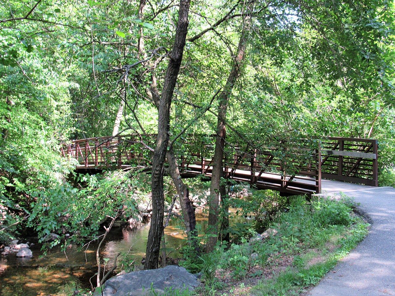 A wooden footbridge crossing Sligo Creek under a green tree canopy